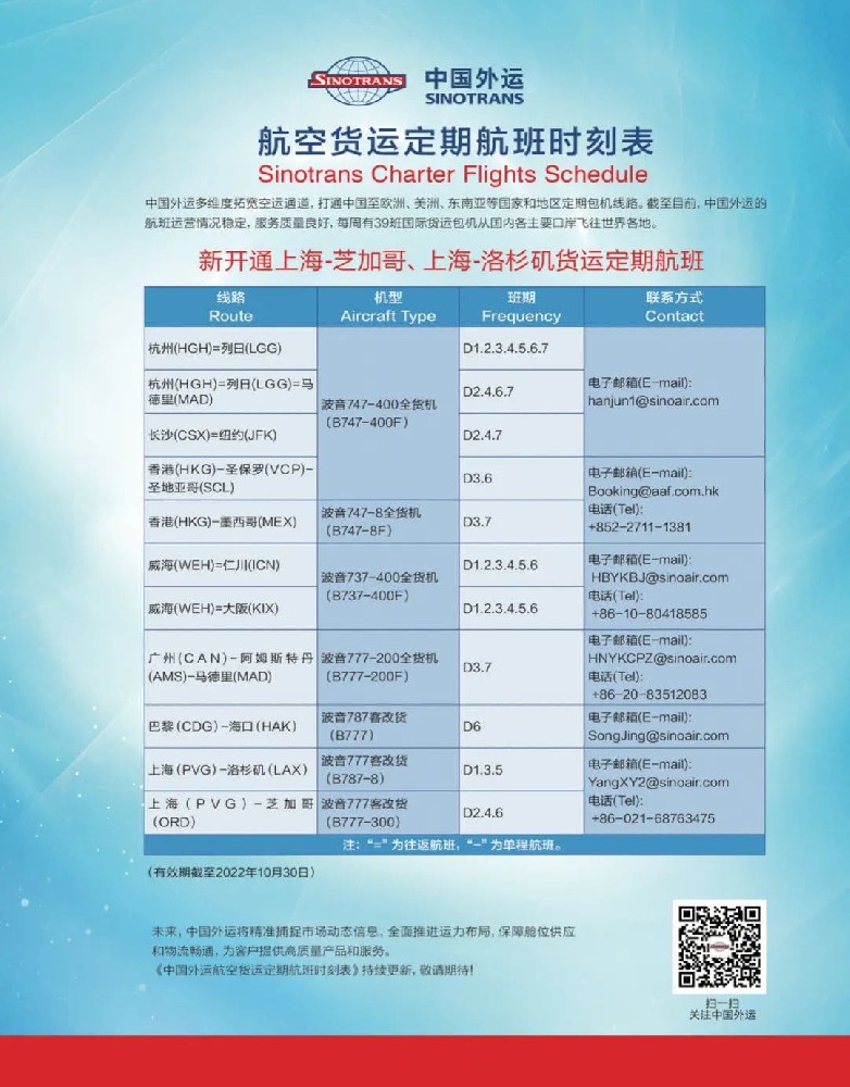 图片[1]-最新！中国外运航空货运定期航班时刻表公布-物流之家